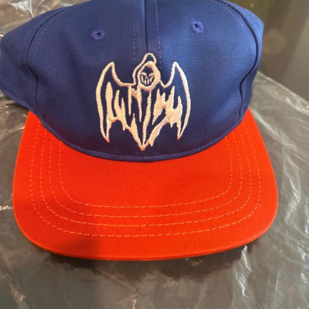 Two-Tone Blue and Red Men's Baseball Cap with White Embroidered Bat Logo